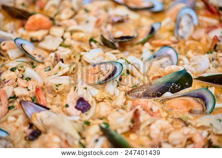 Fresh Mussels At Grill Pan. Seafood Barbecue Outdoors. Picnic Healthy Food, Mussels In Shells. Plent