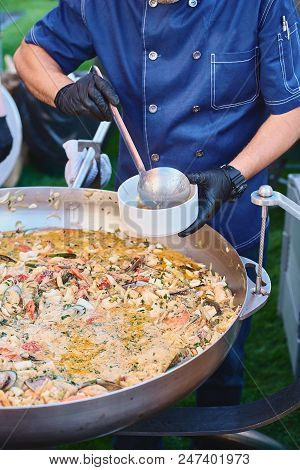 Fresh Mussels At Grill Pan. Seafood Barbecue Outdoors. Picnic Healthy Food, Mussels In Shells. Plent