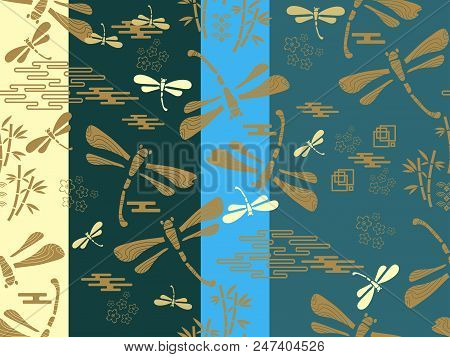 Beautiful Japanese Seamless  Pattern With Dragonfiles. Chinese, Japanese Elements.vector Unique Seam