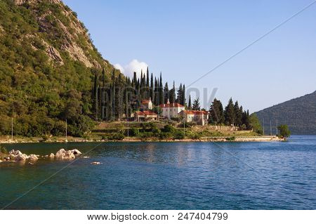 Beautiful Mediterranean Landscape. Montenegro, Bay Of Kotor (adriatic Sea). View Of Banja Monastery 