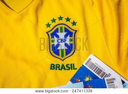 June 25, 2018 Moscow, Russia. Tickets For The  Fifa World Cup 2018 Soccer Match On The Brazil Nation