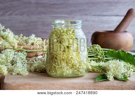 Preparation Of Homemade Tincture From Meadowsweet Blossoms And Alcohol