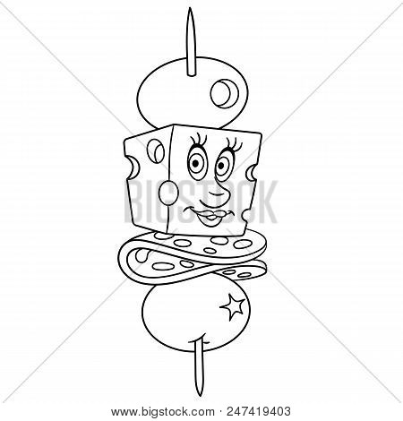 Coloring Page. Coloring Book. Canape With Salami, Cheese And Olives. Happy Food Concept. Cartoon Des