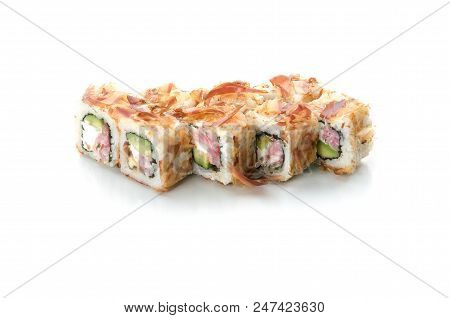 Sushi, Rolls, Poppies On White Background With Reflection Isolated, With Tuna Chips, Bonito Tuna