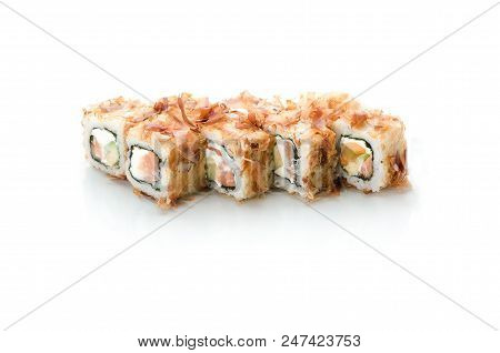 Sushi, Rolls, Poppies On White Background With Reflection Isolated, With Tuna Chips, Bonito Salmon