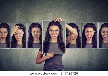 Masked Young Woman Expressing Different Emotions And Feelings