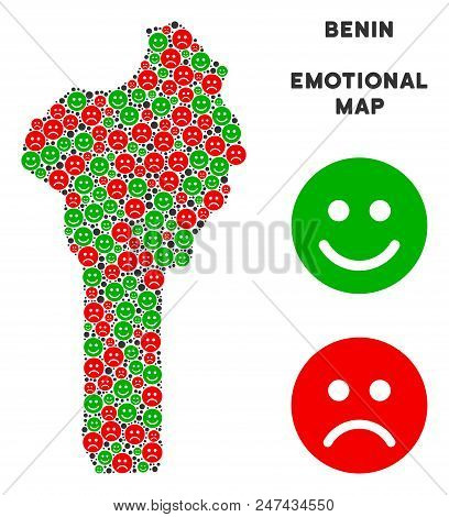 Happiness And Sorrow Benin Map Mosaic Of Emojis In Green And Red Colors. Positive And Negative Mood 