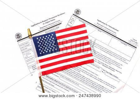 US Citizen Ship application. USA Application for Citizenship and resident alien paperwork. Politics and immigration concepts. 