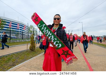 Kaliningrad - Russia, May 25, 2018: Football fans attend stadion Kaliningrad before match between Spain and Marocco