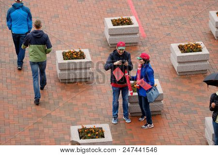 Kaliningrad - Russia, May 25, 2018: Football fans attend stadion Kaliningrad before match between Spain and Marocco