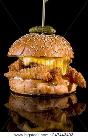 King Fisher Burger - Breaded Fish Filets, American Cheese Slice And Tartar Sauce With Reflection Iso
