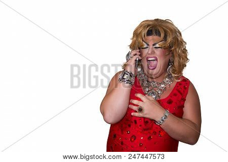 Funny Travesty Actor. Drag Queen And Phone. Feelings And Emotions. Fat Man And Make-up