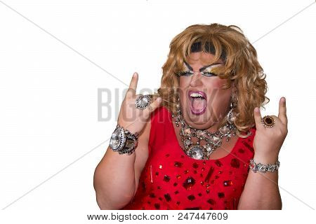 Funny Travesty Actor. Drag Queen In Red. Feelings And Emotions. Fat Man And Make-up