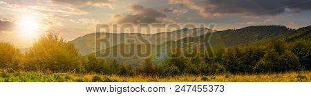 Panorama Of Carpathian Mountains At Sunset. Beautiful Landscape With Forested Hills And Apetska Moun