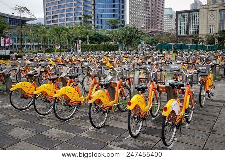 Taipei, Taiwan - Jan 8, 2016. Ubike For Rent On Street In Taipei, Taiwan. Youbike (ubike) Is A Large