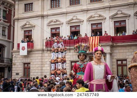 Reus, Spain. June 2018:castell Is A Human Tower Built Traditionally, Ands Also On The Unesco Cultura