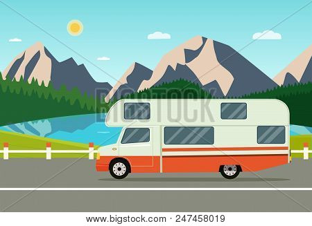 Retro Camper Car Trailers Caravan Isolated. Summer Landscape With Forest, Mountains And Laker. Vecto
