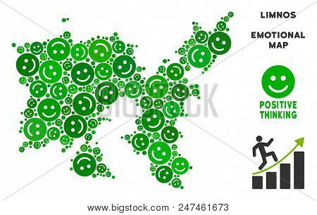 Joy Limnos Greek Island Map Collage Of Smile Emojis In Green Shades. Positive Thinking Vector Concep