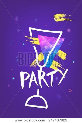 Party Banner With Wineglass Shape. Vertical Flyer For Holiday Design With Shine And Geometric Decora