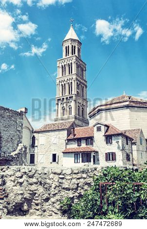 Cathedral Of Saint Domnius In Split, Croatia. Religious Architecture. Travel Destination. Blue Photo