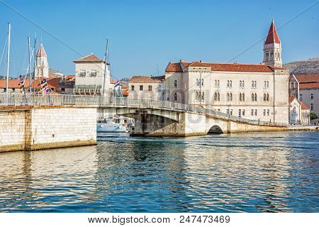 Old Town Trogir With St. Lawrence Cathedral And Bridge To Ciovo Island, Croatia. Travel Destination.