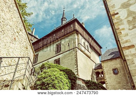 Karlstejn Is A Large Gothic Castle Founded 1348 By Charles Iv In Czech Republic. Ancient Architectur