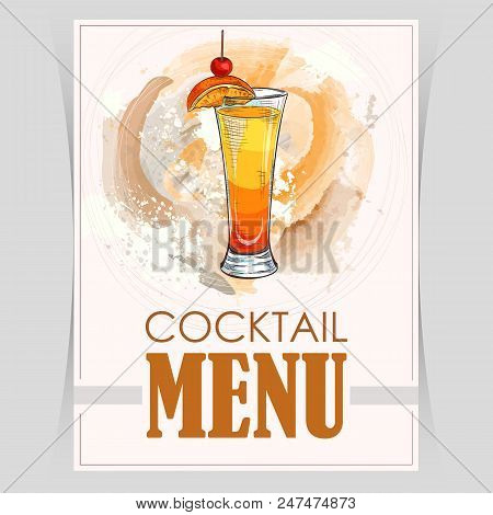 Vector Flyer, Cover Menu With A Tequila Sunrise Cocktail Image