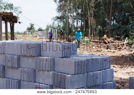 Cement Block Construction Site. Build A Fence