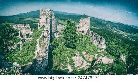 Ruins Of The Castle Gymes In Slovak Republic. Travel Destination. Panoramic Photo. Analog Photo Filt