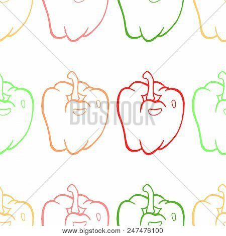 Seamless Pattern From Sweet Pepper. Vector Illustration Of A Seamless Background Of Peppers. Hand Dr