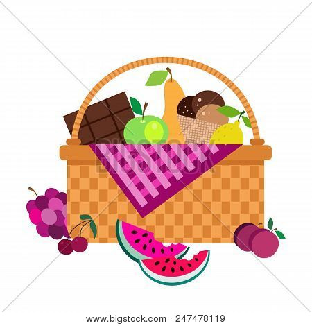 Wicker Picnic Basket With Fruit  And French Bread. Summer Picnic Concept  For Web Banners, Web Sites