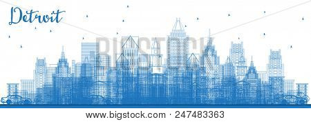 Outline Detroit Michigan Skyline with Blue Buildings. Business Travel and Tourism Concept with Modern Architecture. Detroit Cityscape with Landmarks.