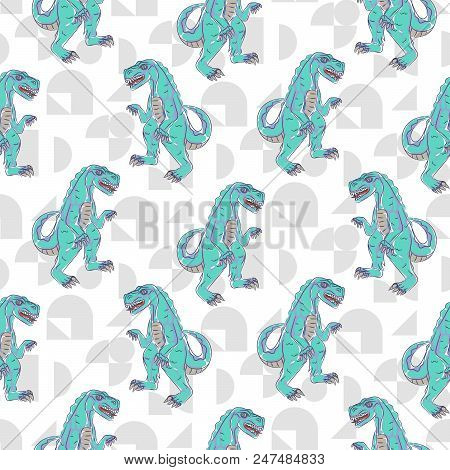 Dino Monster Boy Seamless Vector Pattern. Angry Blue Dinosaur Background For Print.