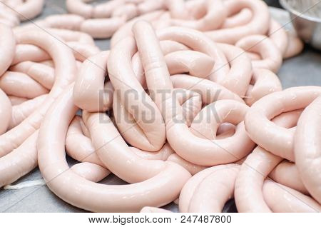 Sausage. Sausage Production Line. Process Of Sausage Manufacturing. Industrial Manufacturing Of Saus