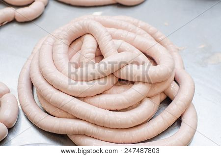 Sausage. Sausage Production Line. Process Of Sausage Manufacturing. Industrial Manufacturing Of Saus