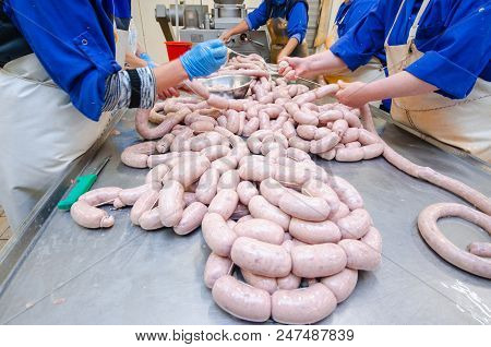 Sausage. Sausage Production Line. Process Of Sausage Manufacturing. Industrial Manufacturing Of Saus