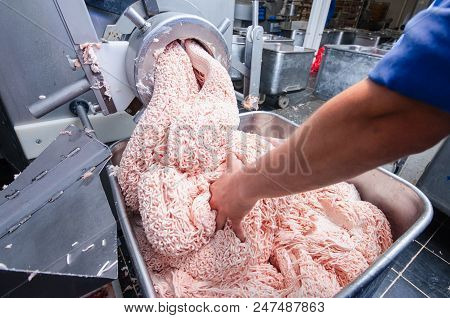 Meat Grinder. Sausage Production Line. Process Of Sausage Manufacturing. Industrial Manufacturing Of
