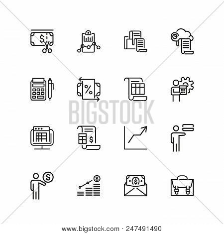 Investment Icons. Set Of Line Icons. Report, Accounting, Insurance. Finance Concept. Vector Illustra