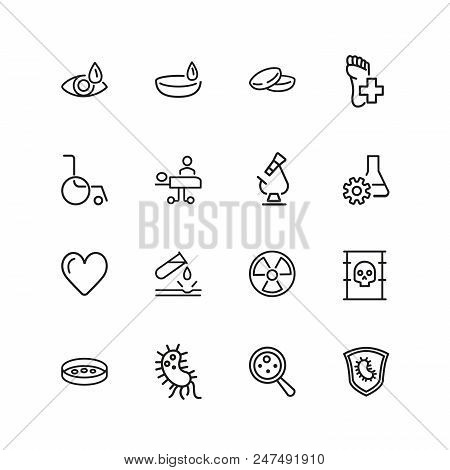 Medical Help Icons. Set Of  Line Icons. Laboratory, Heart Decease, Virus. Medicine Concept. Vector I