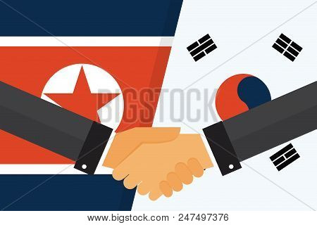 Two Politicians Handshake In Front Of An American And North Korea Flags. Two Flags Face To Face, Sym