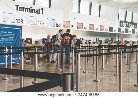 Vienna, Austria - July 13, 2018: Close Up Of Check-in Area, Belt Control Queue And Tourist At Intern