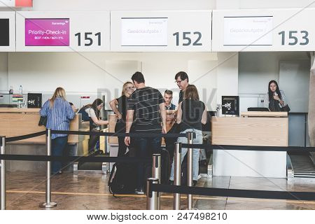 Vienna, Austria - July 13, 2018: Close Up Of Check-in Area, Belt Control Queue And Tourist At Intern