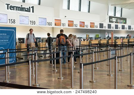 Vienna, Austria - July 13, 2018: Close Up Of Check-in Area, Belt Control Queue And Tourist At Intern