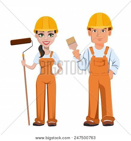 Builder Man And Woman In Uniform, Cartoon Characters. Professional Construction Workers. Smiling Rep