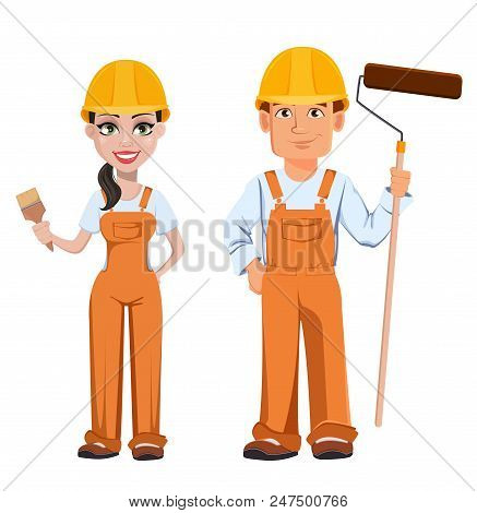 Builder Man And Woman In Uniform, Cartoon Characters. Professional Construction Workers. Smiling Rep