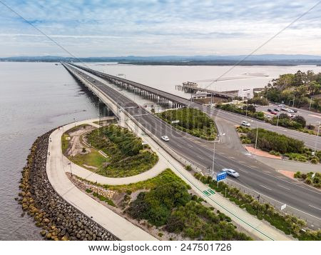 Aerial view of Ted Smout Memorial and Houghton Bridges, which cross the Bramble Bay connecting the Redcliffe Peninsula and Brigthon