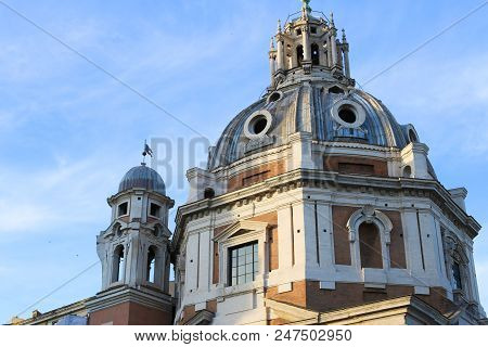 Amazing Santa Maria Di Loreto In Rome, Italy. Concept Of Old Anciant Church And Last Minute Tours To