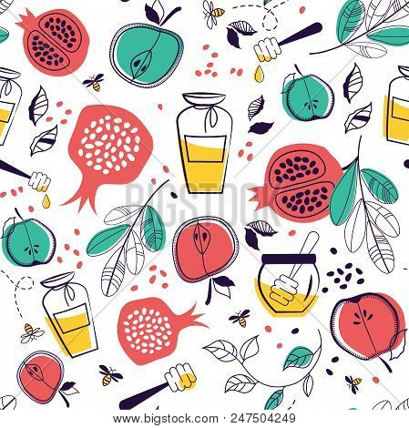 Seamless Pattern With Symbols Of Rosh Hashanah. Jewish New Year. Vector Illustration