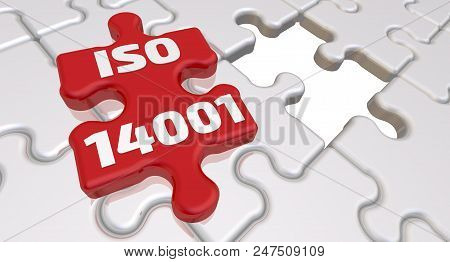Iso 14001. The Inscription On The Missing Element Of The Puzzle. Folded White Puzzles Elements And O
