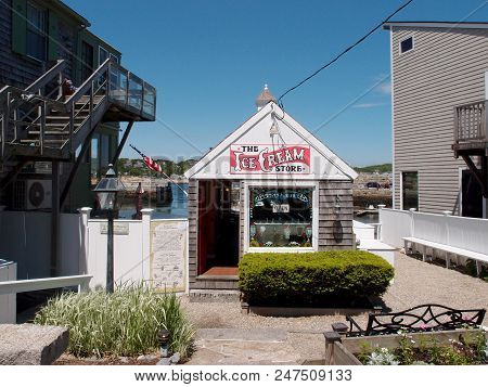 Rockport, Massachusetts - June 6, 2014: The Ice Cream Store In Small Building On Pier In Historic Ar